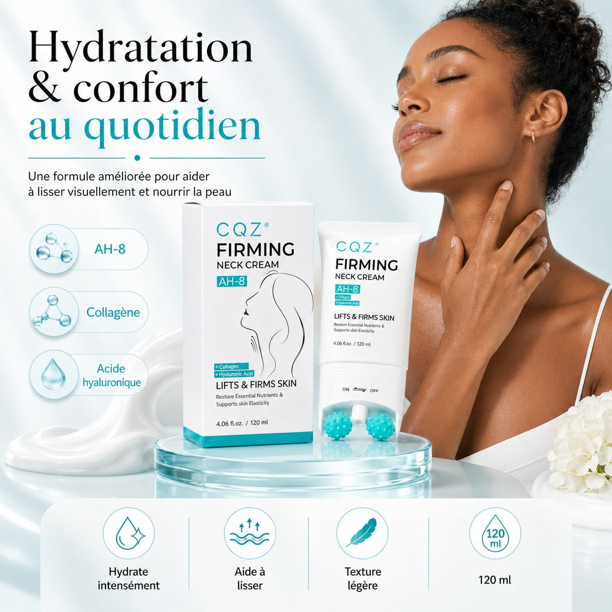Crème raffermissante au collagène pour le cou avec rouleau de massage