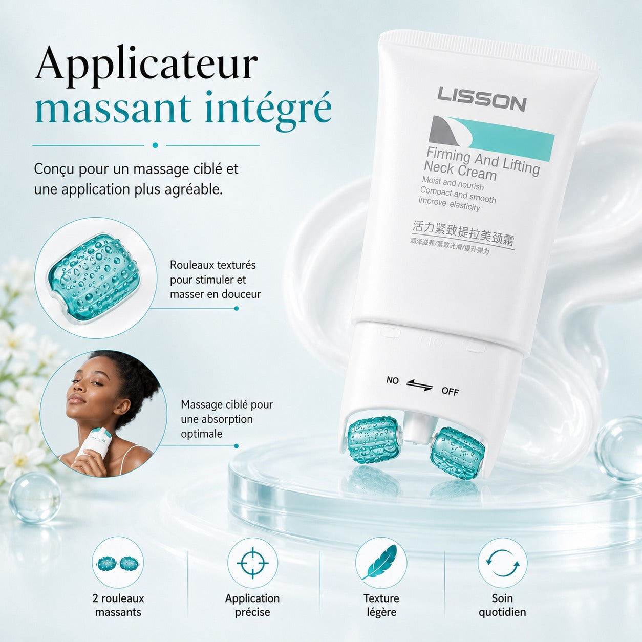 Crème raffermissante au collagène pour le cou avec rouleau de massage