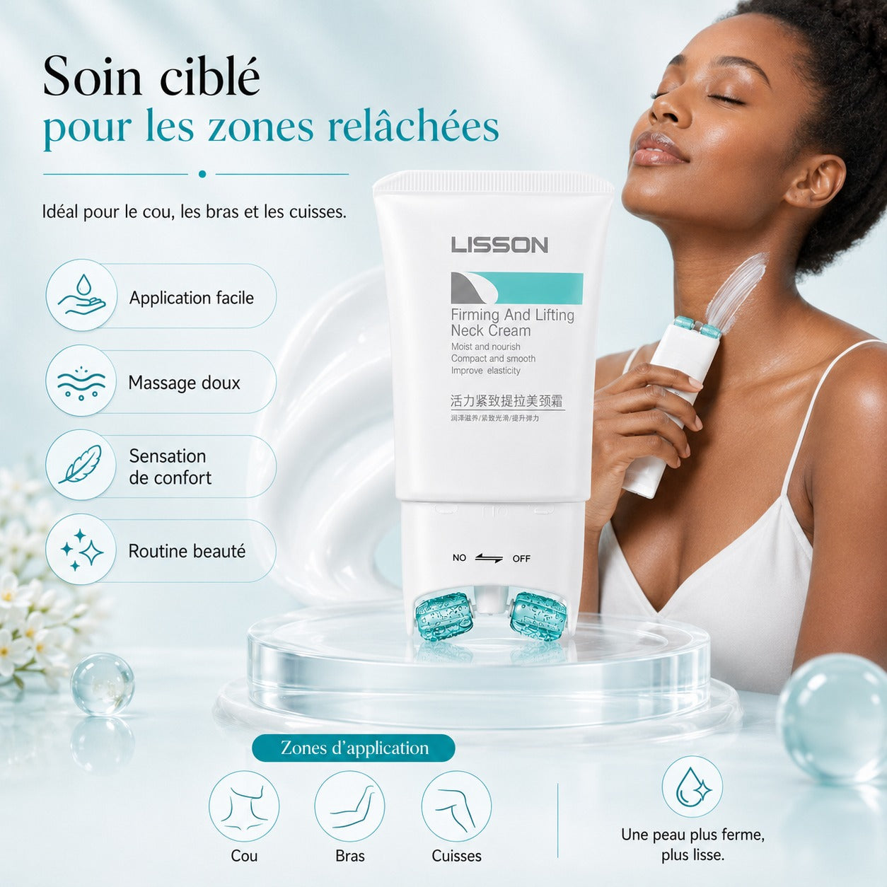 Crème raffermissante au collagène pour le cou avec rouleau de massage